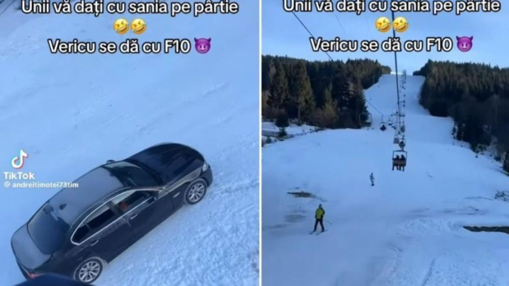 Șofer de BMW, filmat când urca cu mașina pe o pârtie de schi din Maramureș! Poliția s-a sesizat din oficu: IMAGINI halucinante