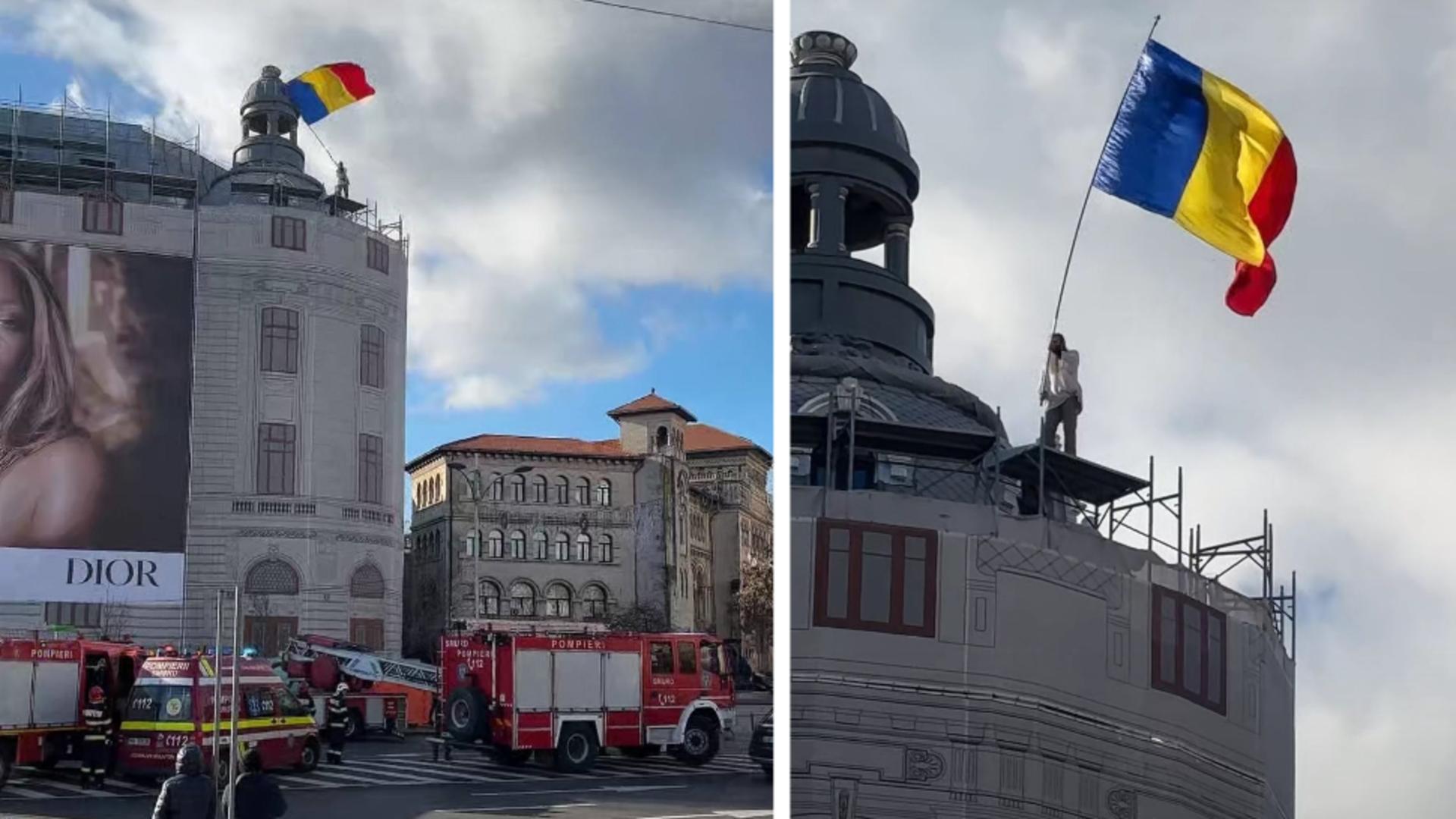 Stegarul Dac a îngreunat circulația rutieră. De această dată, s-a urcat pe clădirea Universității iar autoritățile încearcă să îl dea jos, cu o echipă de negociatori