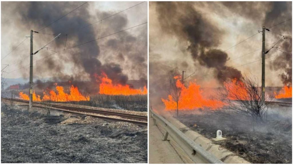 Circulația feroviară din Bistrița-Năsăud, afectată de incendiile de vegetație. Un tren regio este blocat între localitățile Florești și Nimigea de Jos