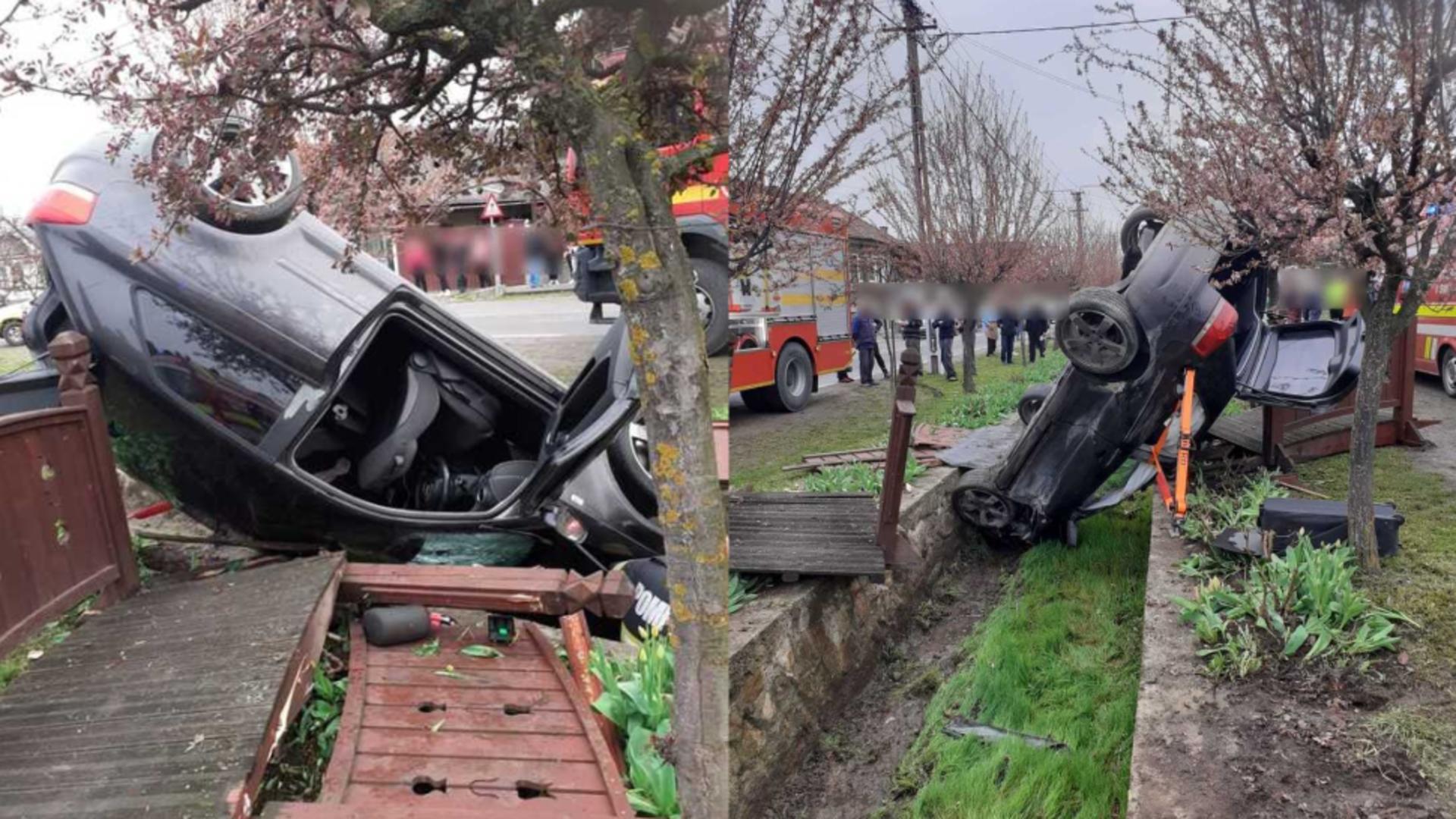Accident în Cluj. Patru tineri, răniți după ce au aterizat cu mașina într-un șanț