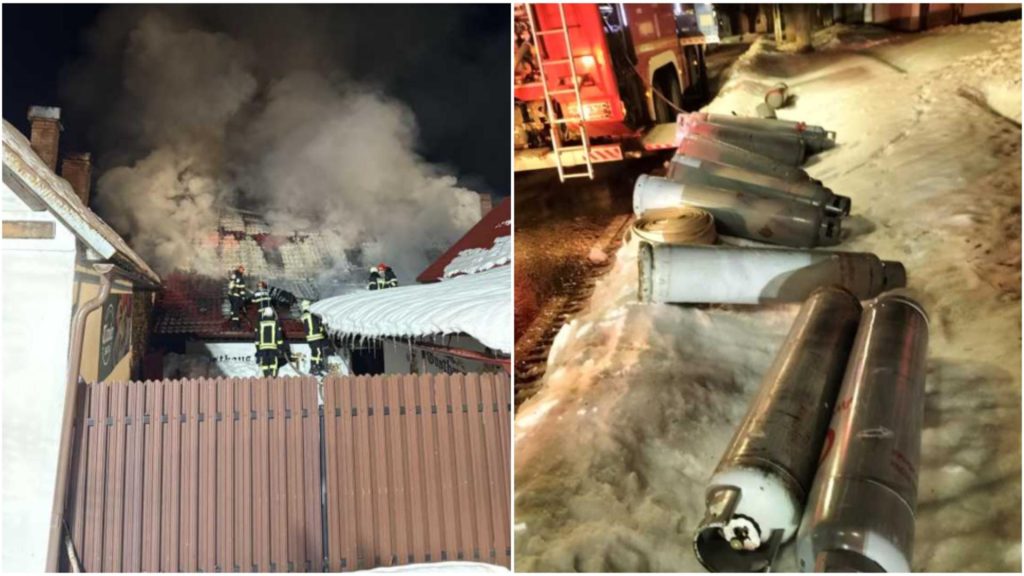 Incendiu devastator la o pensiune din județul Caraș-Severin. Pompierii au evacuat la timp mai multe butelii cu propan