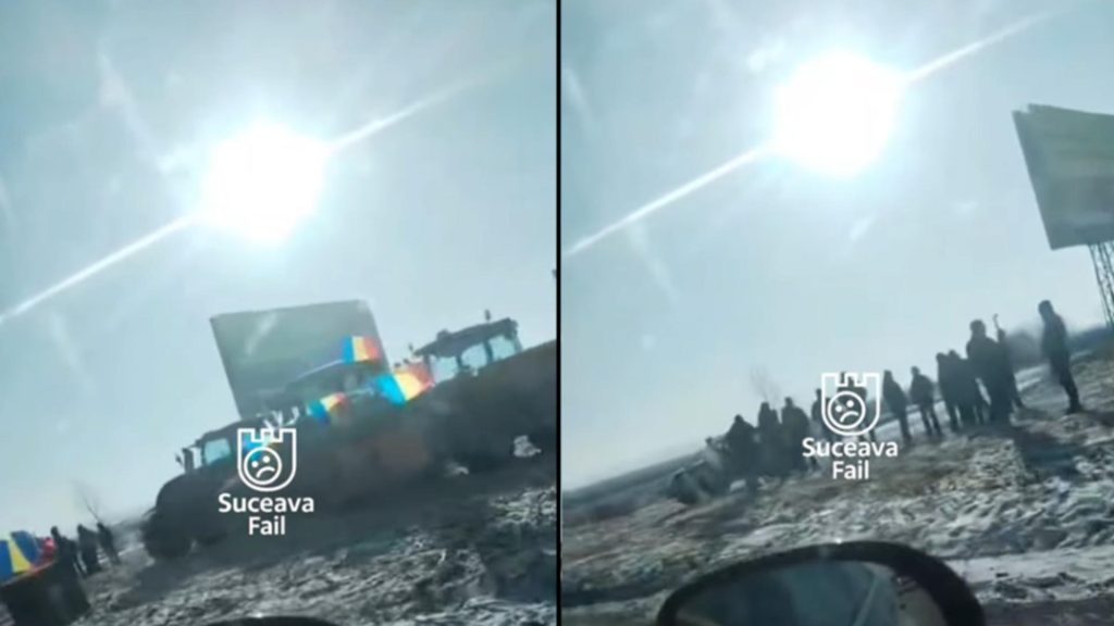 Protest spontan al fermierilor din Suceava: oamenii au ieșit pe șosele cu zeci de tractoare – VIDEO