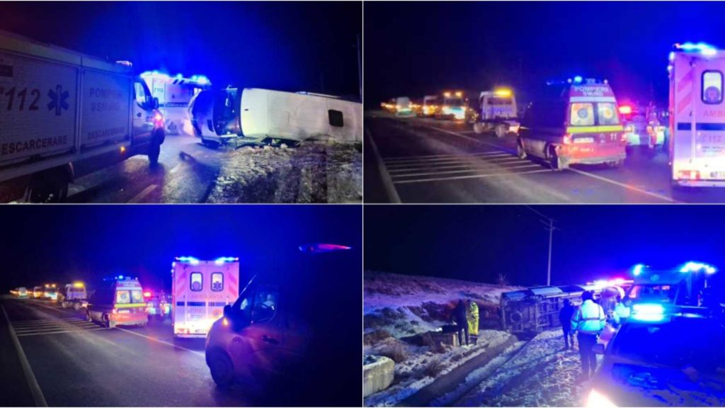 Alertă în județul Suceava. Un microbuz cu 11 persoane s-a răsturnat pe șosea-FOTO